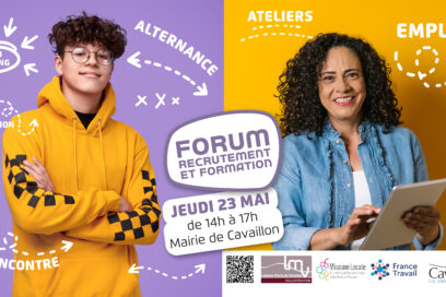 Affiche forum LMV emploi montrant deux jeunes souriant - Agrandir l'image, fenêtre modale